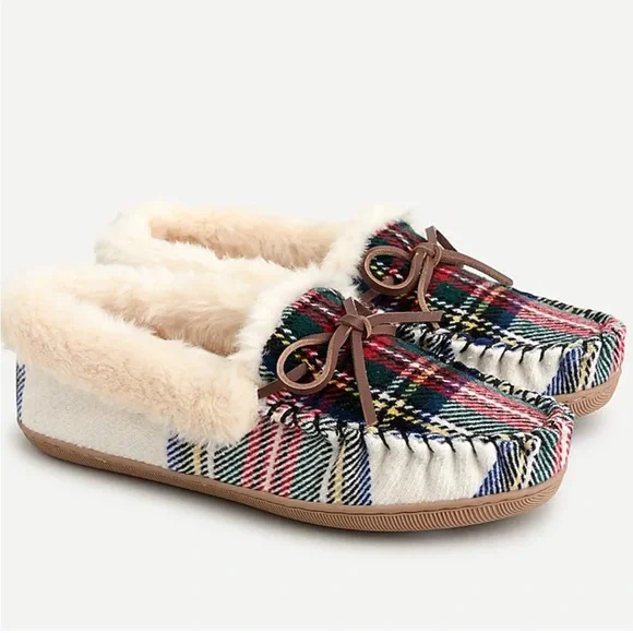 Crew Lodge Slippers Poly Faux-Fur Lined Stewart Tartan Plaid Fabric  Uppers